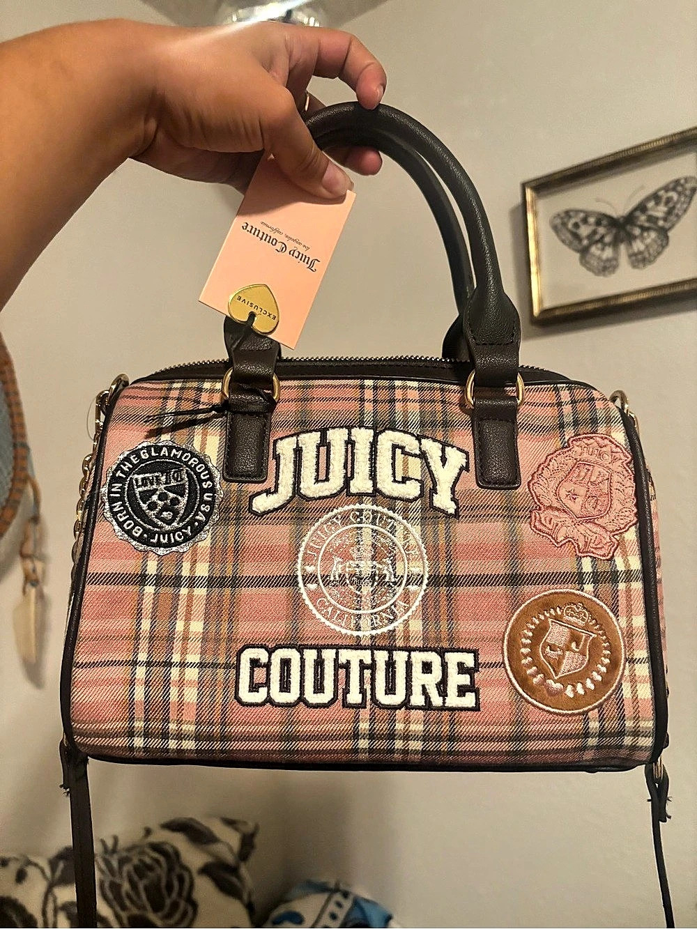 Juicy Couture Plaid Satchel with Patches in Pink & Black NWT